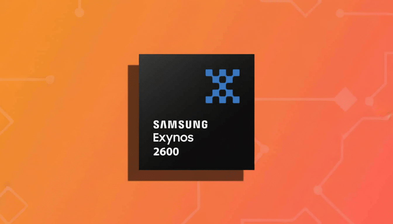 A black square chip with a blue X logo and  SAMSUNG Exynos 260 0 text, set against a warm orange and red gradient background with subtle circuit- like patterns, resized to a 16:9 aspect ratio.