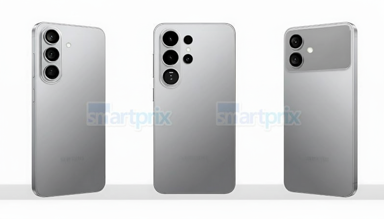 Three views of a silver smartphone, showcasing its back and sides, with a triple camera setup visible on the left and center phones, and a dual camera on the right.