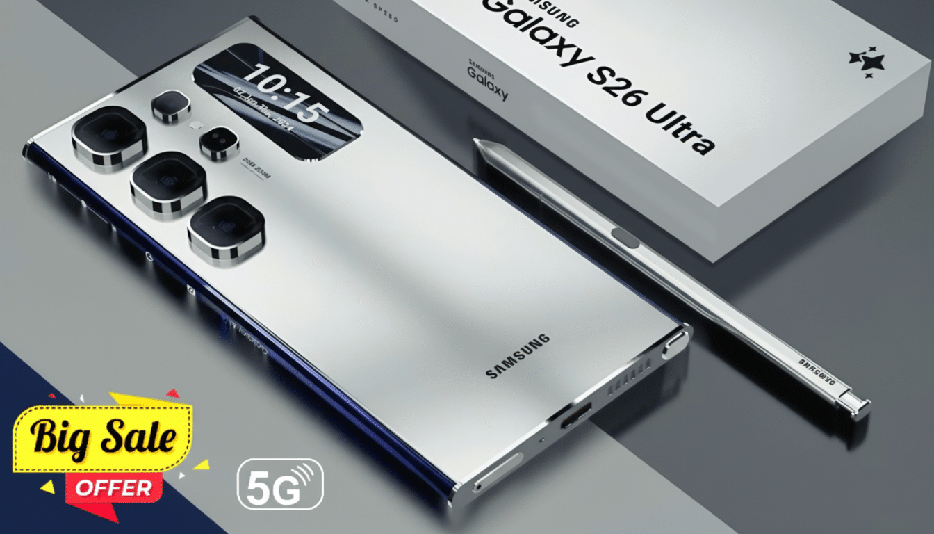 A professional image of a silver Samsung Galaxy S 26 Ultra smartphone with its stylus , resized to a 1 6:9 aspect ratio, keeping the original background. Filename : samsunggalaxy s26 ultra1 69. png