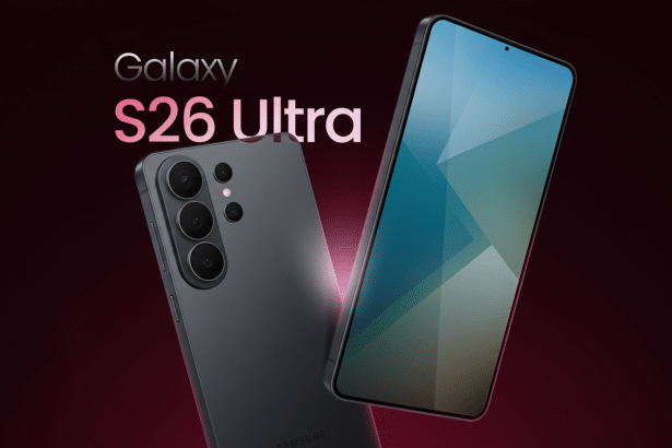A professional image of the Samsung Galaxy S26 Ultra in a 1 6:9 aspect ratio, featuring the phone from the back and front with a dark, gradient background and Galaxy S26 Ultra text.