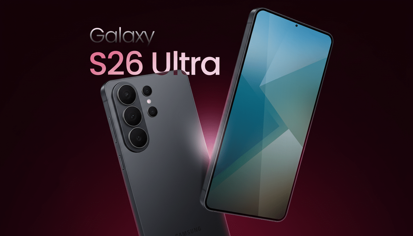 A professional image of the Samsung Galaxy S26 Ultra in a 1 6:9 aspect ratio, featuring the phone from the back and front with a dark, gradient background and Galaxy S26 Ultra text.