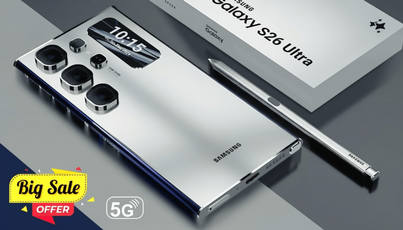 A professional image of the Samsung Galaxy S26 Ultra smartphone in a silver finish, alongside its S Pen, with a Big Sale Offer badge and a 5G icon. Th