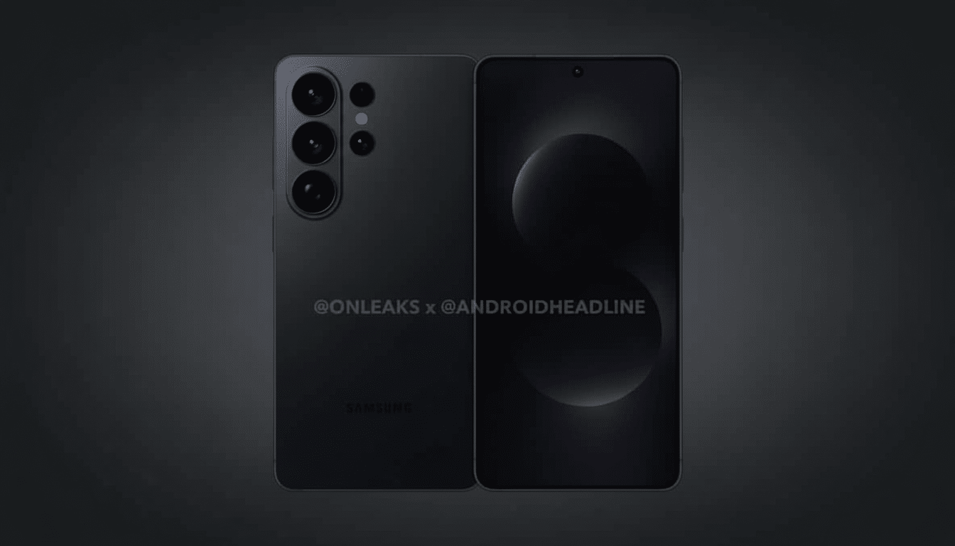 A professional image of a black Samsung smartphone, showing both the front and back views against a dark background with a subtle gradient. The back f