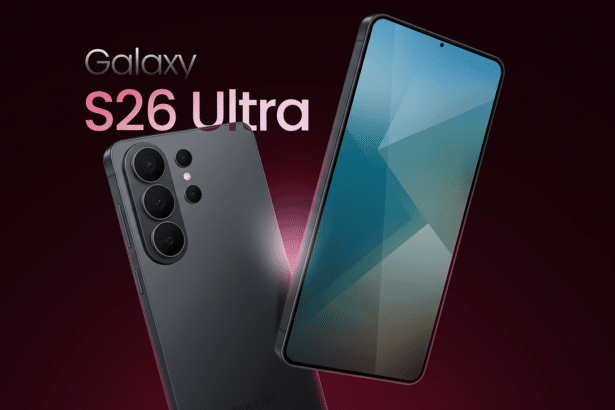 Two dark grey Samsung Galaxy S 26 Ultra phones are displayed against a dark red background with text Galaxy S26 Ultra in white and pink. One phone is seen from the back, and the other from the front, slightly angled. Filename : galaxys 26ultra phones .png