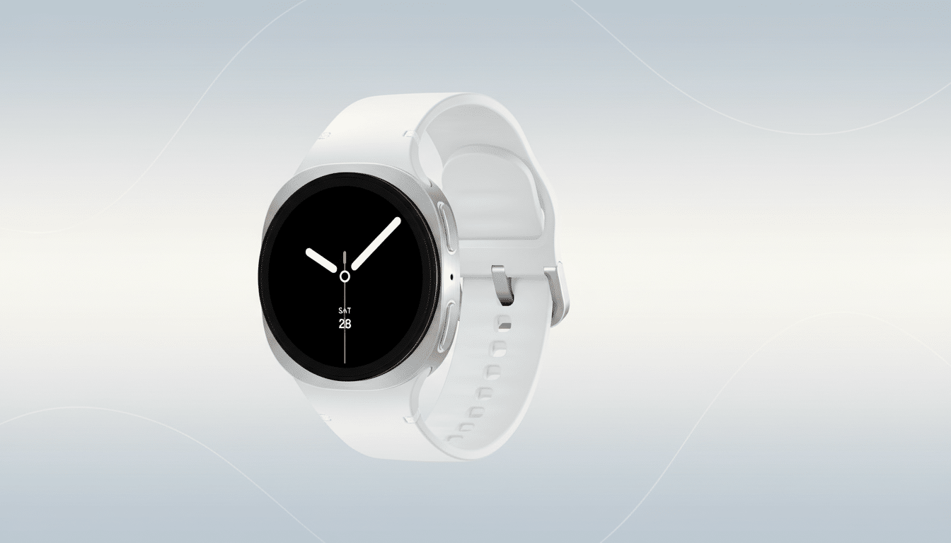 A white smartwatch with a black screen displaying the time and date, set against a professional light gray background with subtle wavy patterns .