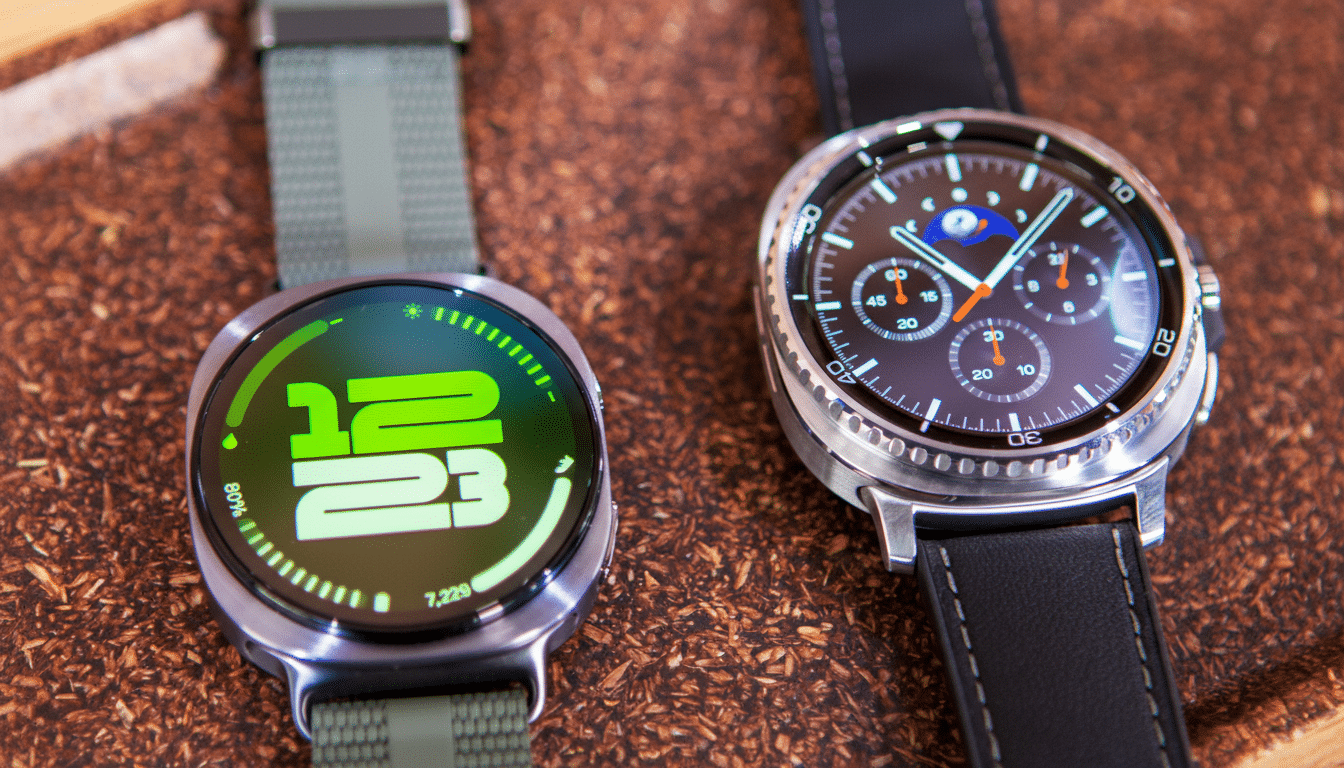 Two smartwatches, one with a digital display showing time and steps , and another with an analog chronograph face, resting on a textured brown surface. Filename : smart watches16 9. png