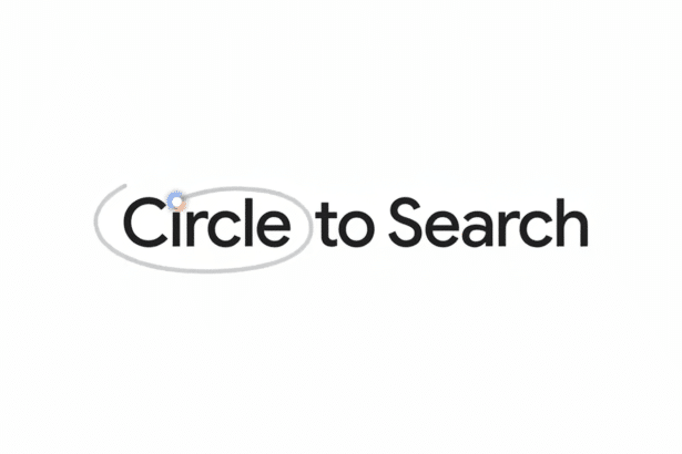 The Circle to Search logo, featuring the word Circle enclosed by an animated grey circle, with to Search written next to it . The background is a clean white .