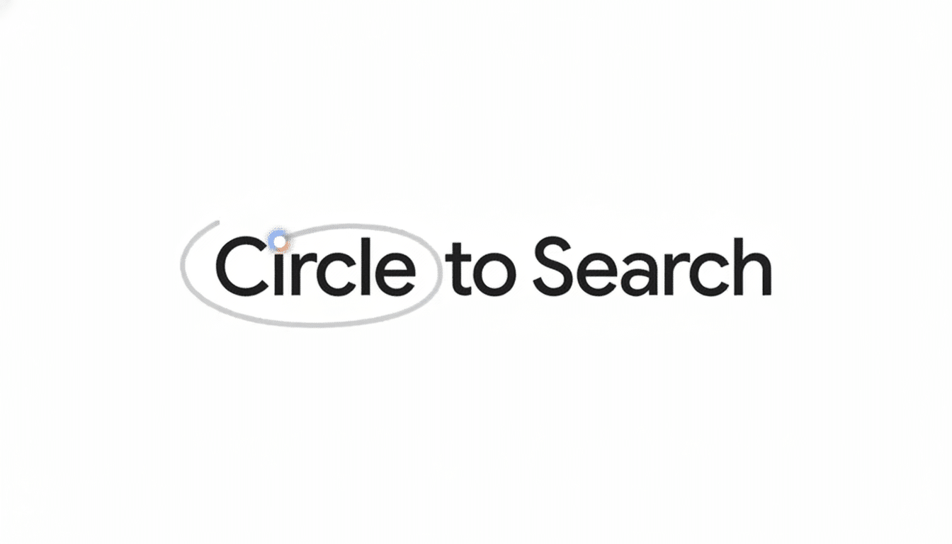 The Circle to Search logo, featuring the word Circle enclosed by an animated grey circle, with to Search written next to it . The background is a clean white .
