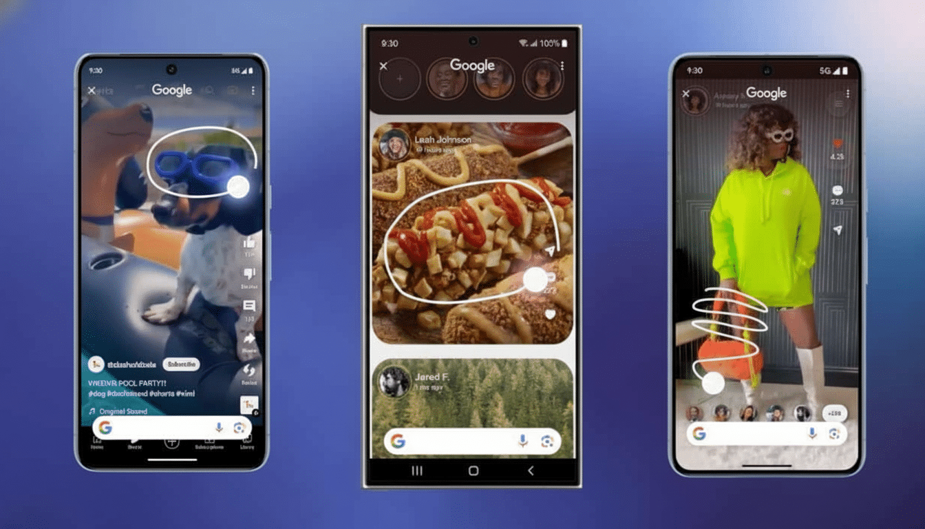 Three smartphones displaying Google app interfaces , with the left phone showing a dog in goggles , the middle showing a food dish , and the right showing a person in a bright green hoodie.