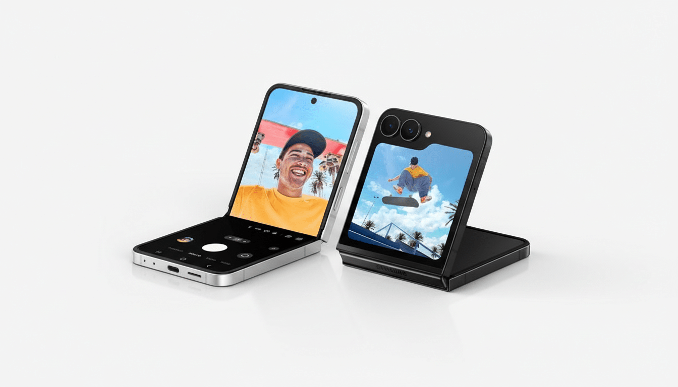 Two Samsung Galaxy Z Flip phones, one open displaying a smiling man s selfie, and the other partially closed showing a person skateboarding.