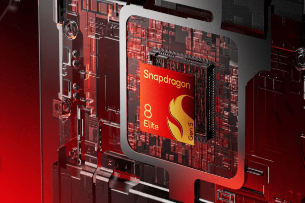 A close-up of a red Snapdragon 8 Elite Gen 5 chip embedded in a circuit board with a metallic casing. Filename : snapdragon 8elite gen5 chip. png