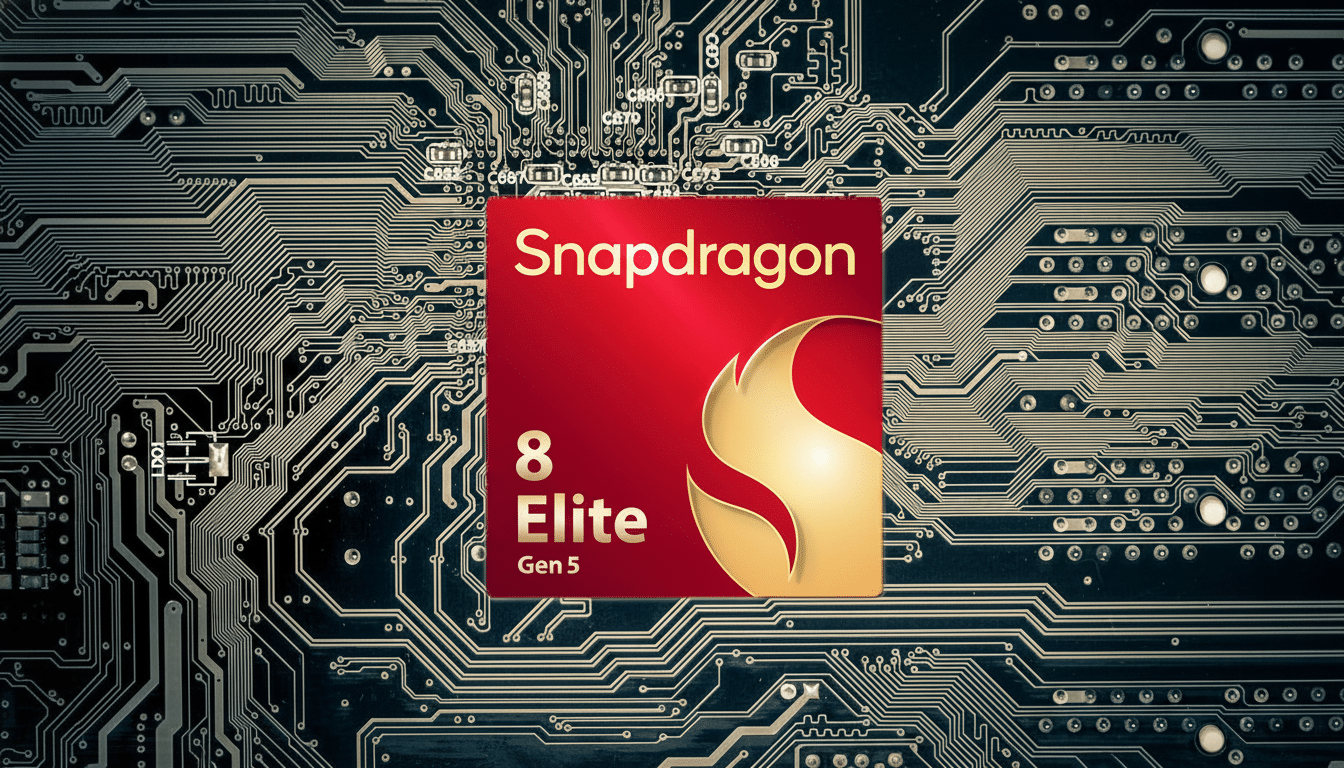 The Snapdragon 8 Elite Gen 5 logo , a red square with gold text and a stylized gold flame, centrally placed on a dark circuit board background .