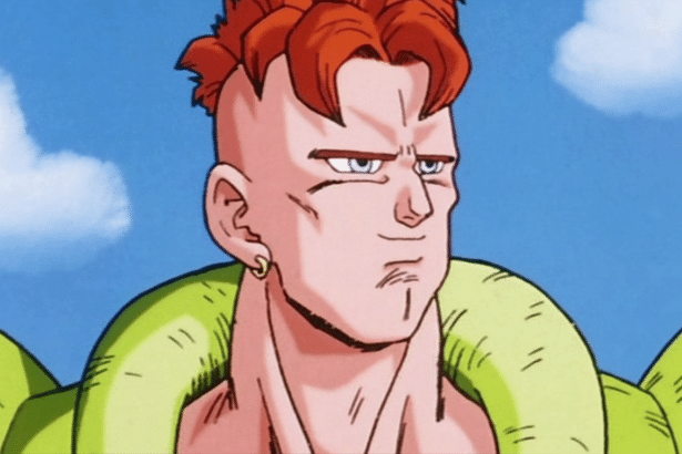 A professional, enhanced image of Android 16 from Dragon Ball Z, featuring his distinctive red hair, light skin, and serious expression, with the orig