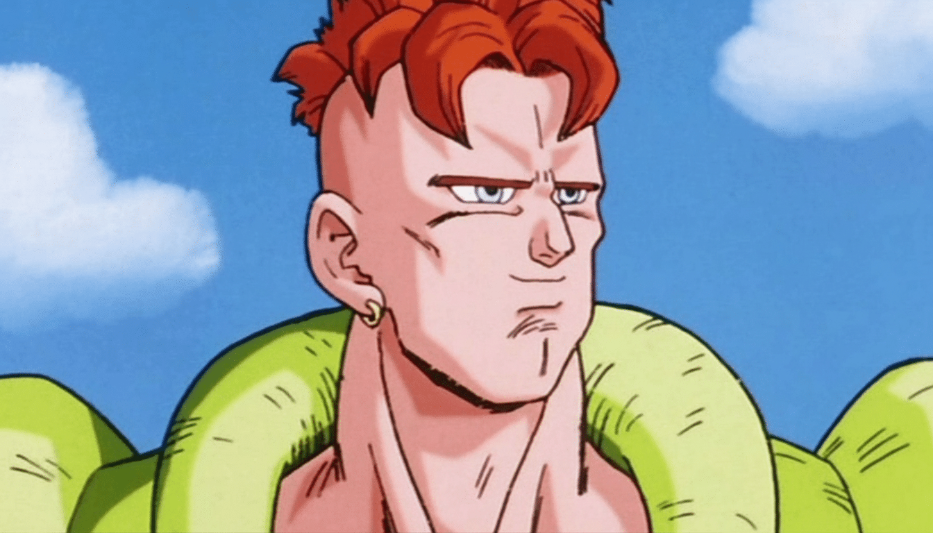 A professional, enhanced image of Android 16 from Dragon Ball Z, featuring his distinctive red hair, light skin, and serious expression, with the orig