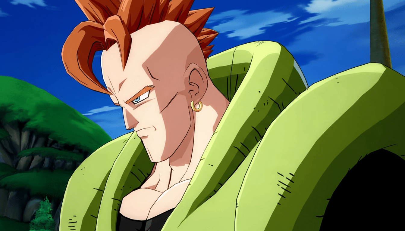 Close -up of Android 16 from Dragon Ball Z, featuring his distinctive green jacket, red spiky hair, and serious expression.
