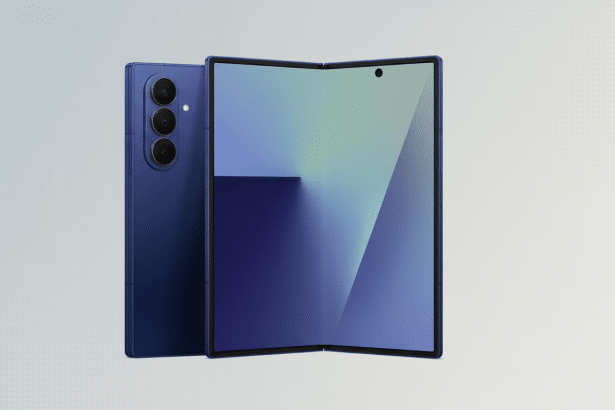 - text: A blue foldable smartphone with a triple camera array on the back, shown open with a gradie