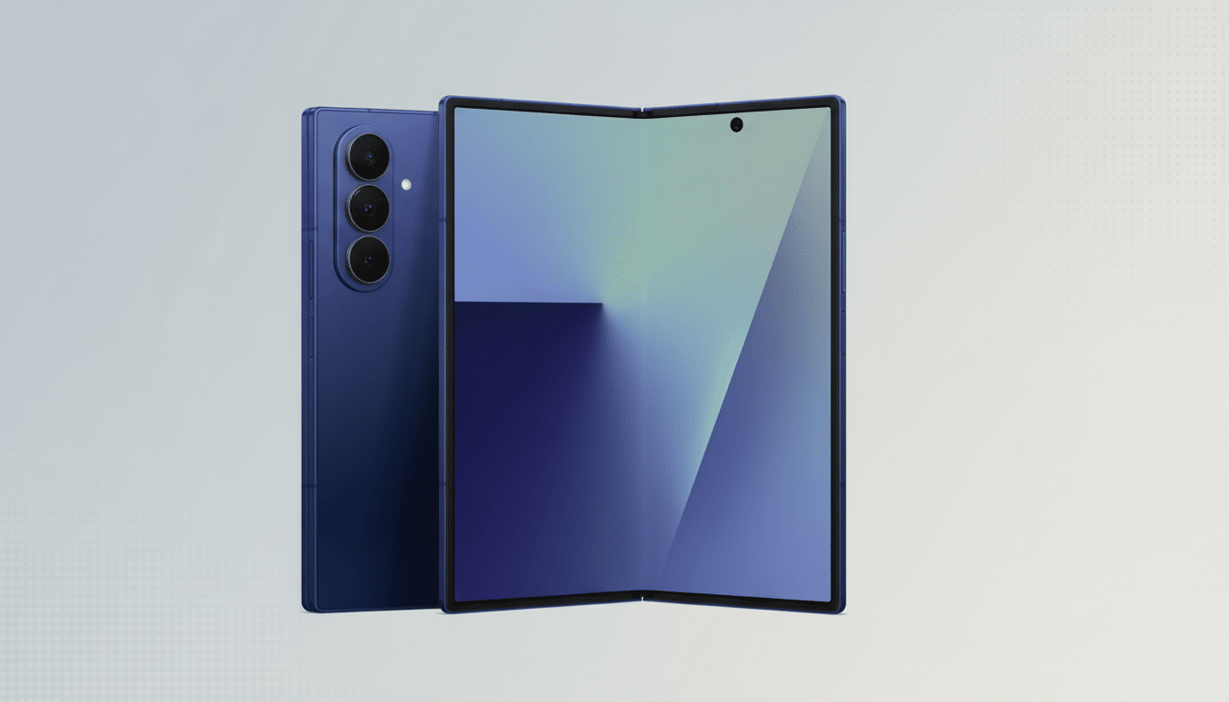 - text: A blue foldable smartphone with a triple camera array on the back, shown open with a gradie
