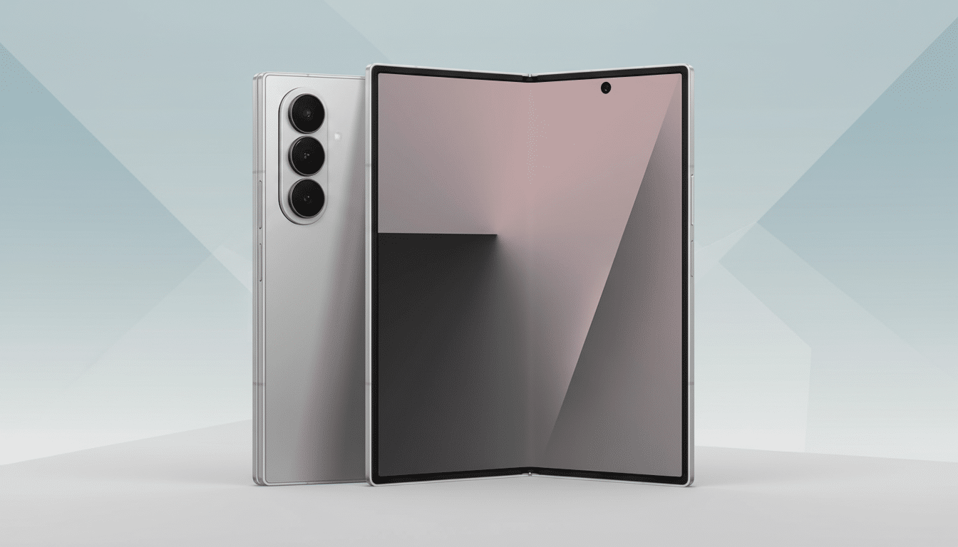 A silver foldable smartphone displayed with its back camera visible and its screen partially folded open, against a professional light blue and grey g