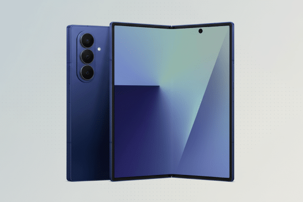A blue foldable smartphone, partially folded and displaying a gradient screen, with its back visible showing a triple camera setup , presented on a light gray background with subtle dot patterns. Filename : bluefold ablesmartphone 169 . png