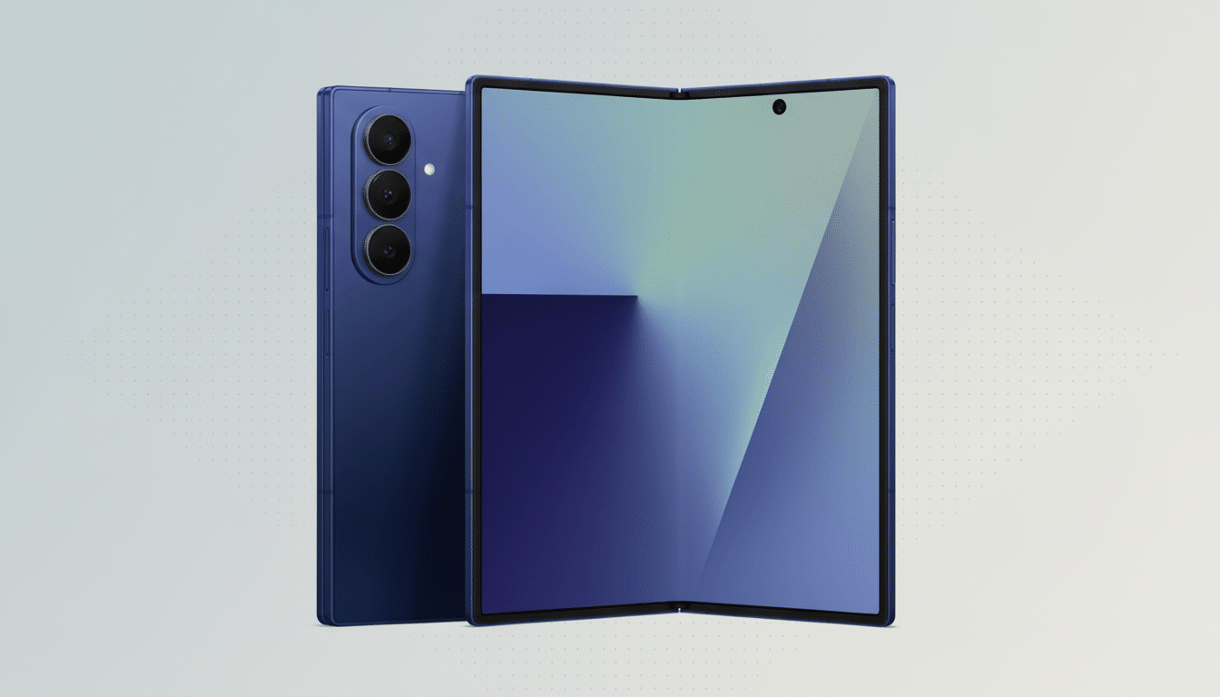 A blue foldable smartphone, partially folded and displaying a gradient screen, with its back visible showing a triple camera setup , presented on a light gray background with subtle dot patterns. Filename : bluefold ablesmartphone 169 . png