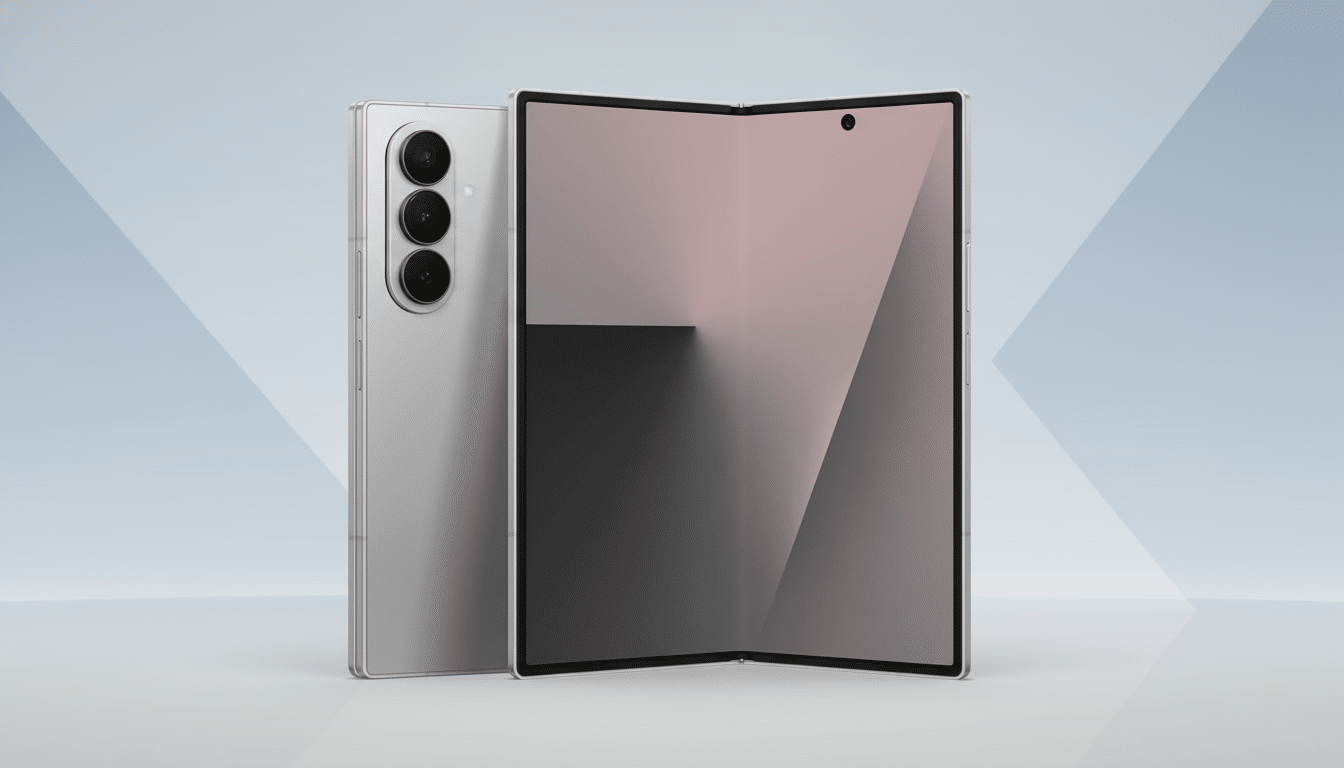 s : A sleek, modern silver foldable smartphone is displayed with its front and back visible on a pro