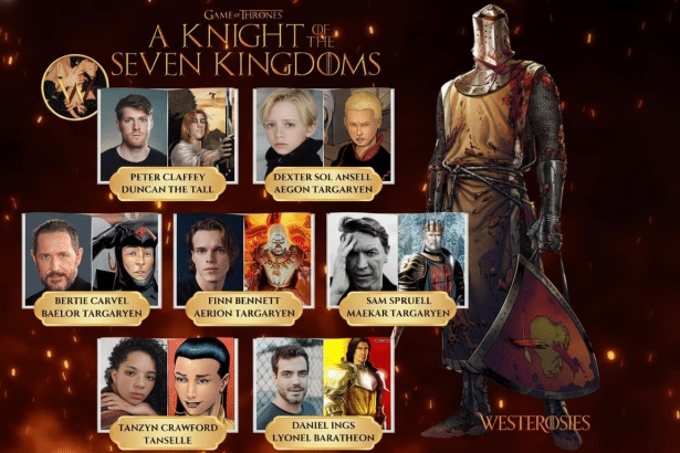 A promotional image for Game of Thrones: A Knight of the Seven Kingdoms, featuring a central knight figure and a grid of actors alongside their character depictions. Filename : game ofth ronesknight sevenkingdoms cast .png