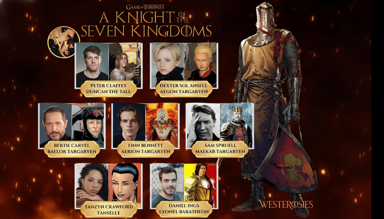 A promotional image for Game of Thrones: A Knight of the Seven Kingdoms, featuring a central knight figure and a grid of actors alongside their character depictions. Filename : game ofth ronesknight sevenkingdoms cast .png
