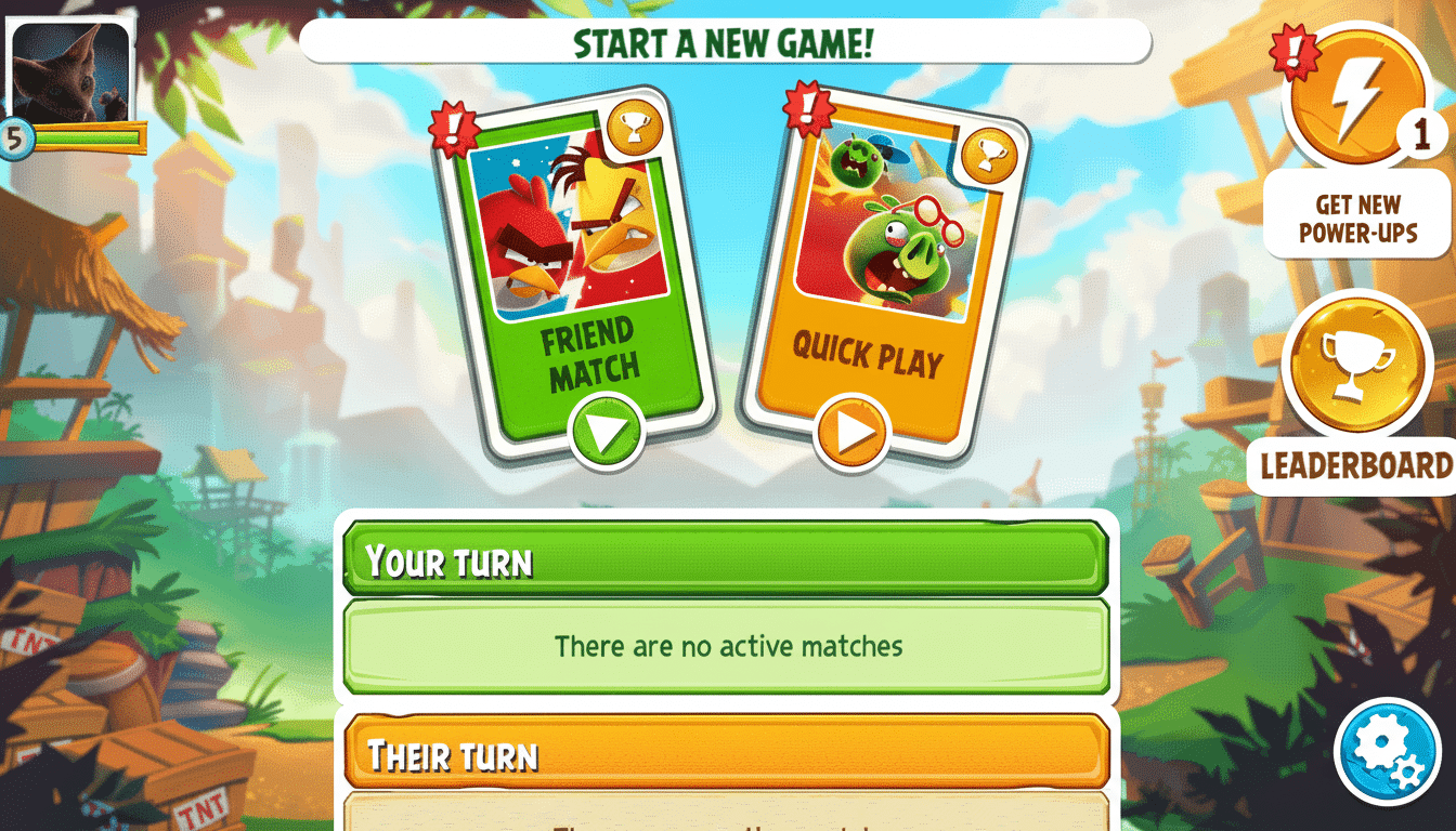 Screenshot from a game with Start a new game! at the top, showing options for Friend Match and Quick Play with Angry Birds characters, and sections fo