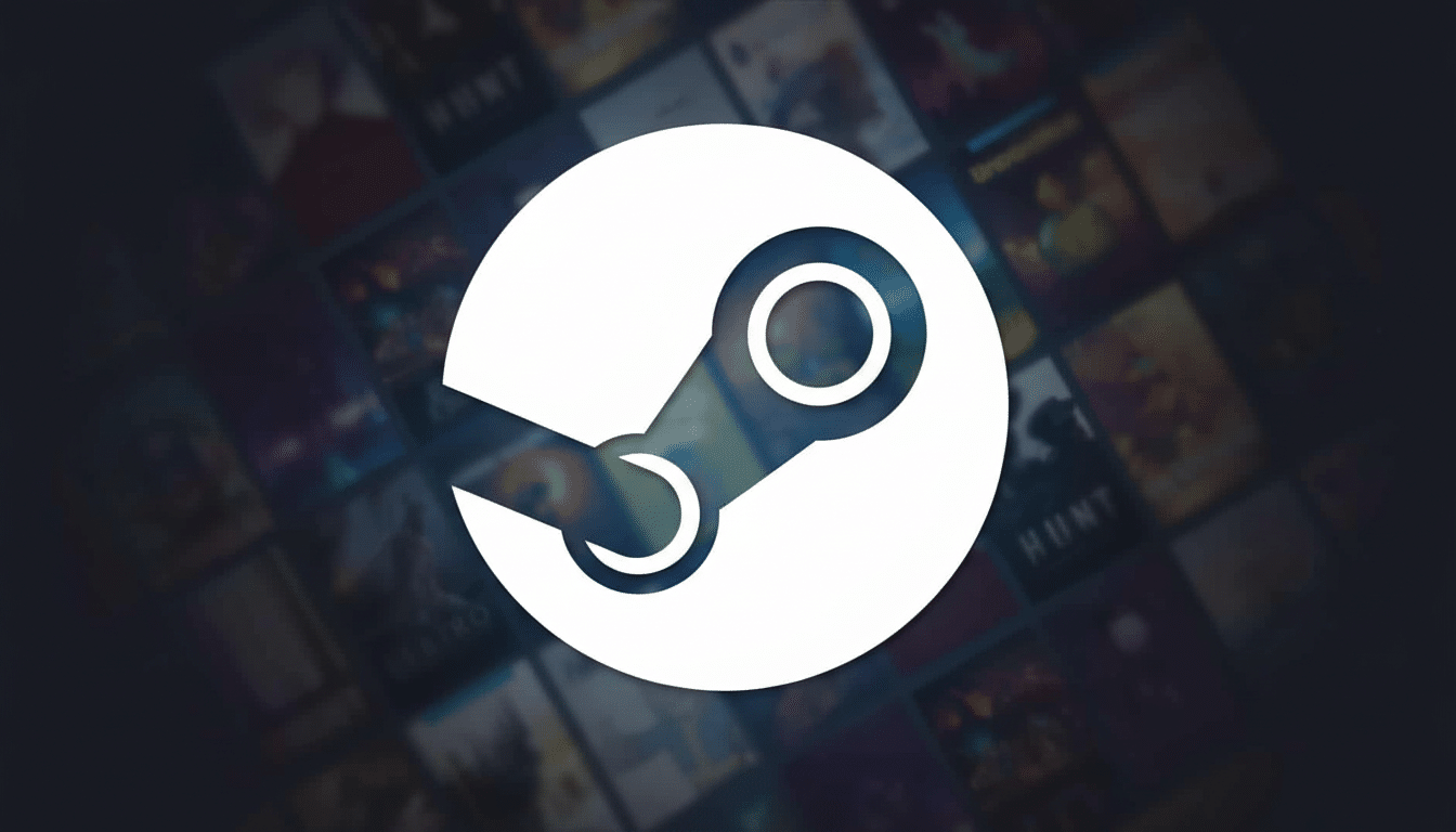 The Steam logo, a white circle with a stylized wrench- like symbol inside, centered against a dark background of blurred video game covers.