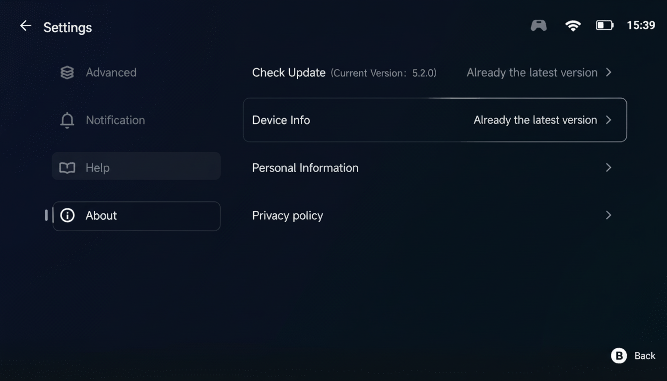 A screenshot of a settings menu on a dark background, showing options like Advanced, Notification, Help, and About. The About section is highlighted, and on the right, options like Check Update, Device Info, Personal Information, and Privacy policy are visible. Device Info is also highlighted, with Already the latest version displayed next to it.