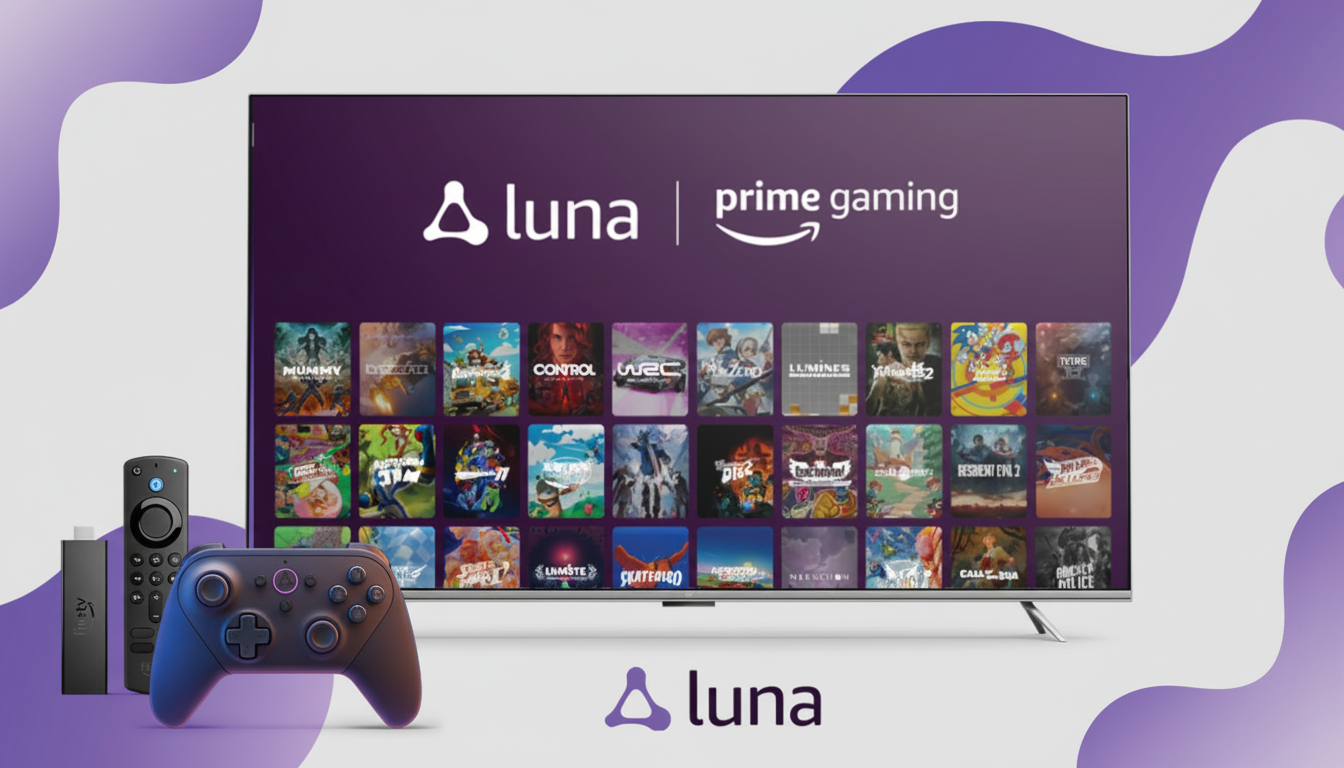 A 16:9 aspect ratio image of a television displaying the Amazon Luna Prime Gaming interface, with a Luna controller and a Fire TV stick and remote in the foreground. The background features a professional flat design with soft purple patterns.
