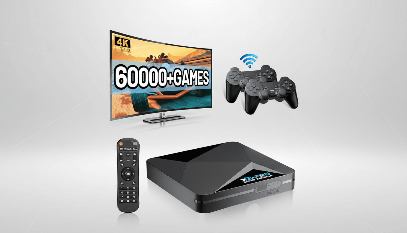 A professional flat design image featuring a curved 4K Ultra HD TV displaying 6 0000 + Games , two black wireless game controllers with a Wi-Fi symbol, a black multimedia console labeled X2- PRO SUPER CONSOLE , and a black TV remote control , all on a light gray gradient background. Filename : gaming consoleprofessional display .png
