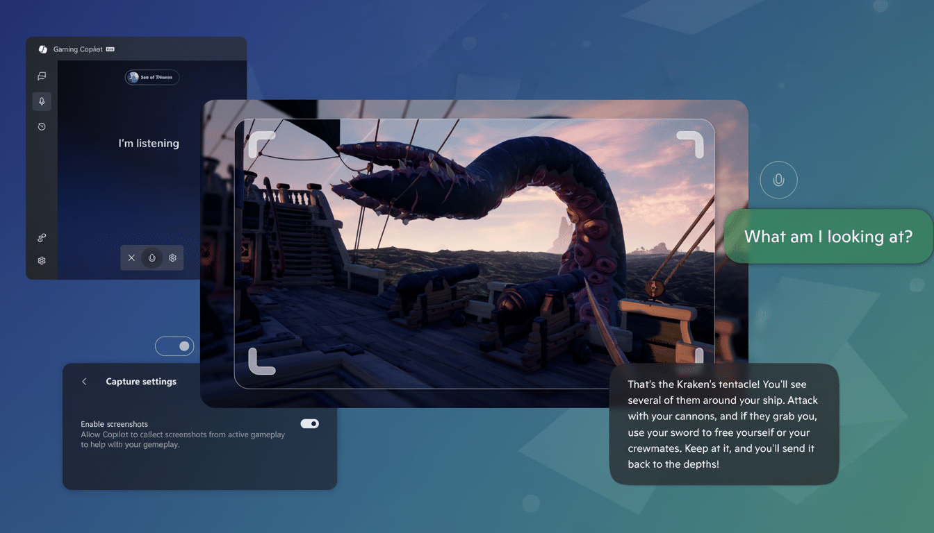 A professional 16:9 aspect ratio image of a gaming interface featuring  Gaming Copilot with a screenshot of Sea of Thieves gameplay showing a Kraken's tentacle on a ship' s deck, accompanied by on -screen text bubbles describing the Kraken and game settings .