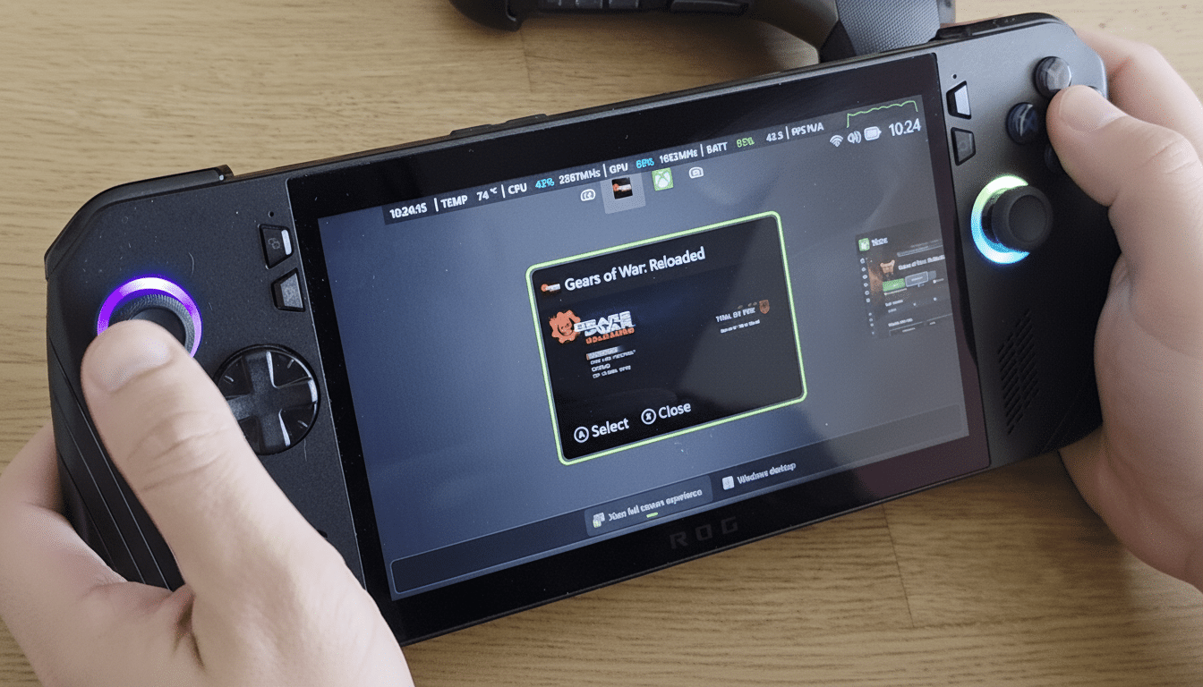 Hands holding a black gaming handheld with a screen displaying Gears of War: Reload ed. Filename : gaminghand heldge arsof war.png