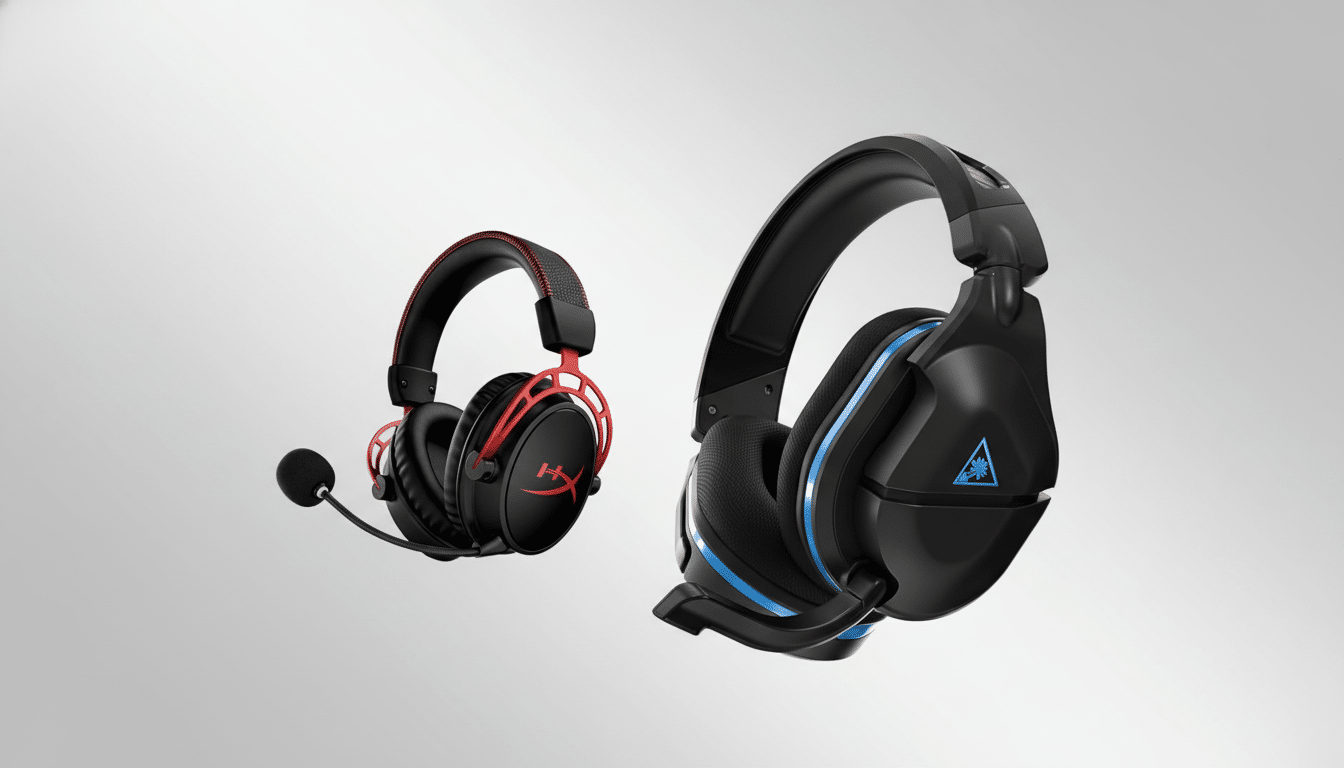 Two gaming headsets, one black and red, the other black with blue accents, displayed on a light gray gradient background. Filename : gaminghead setsprofessional display .png