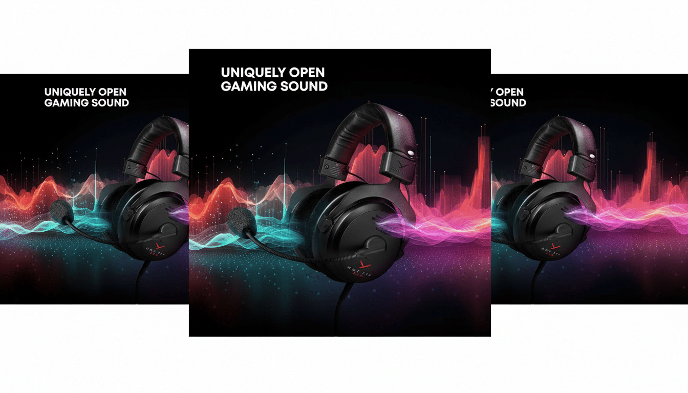 Black gaming headphones with a microphone against a dark background with vibrant, colorful sound wave patterns .