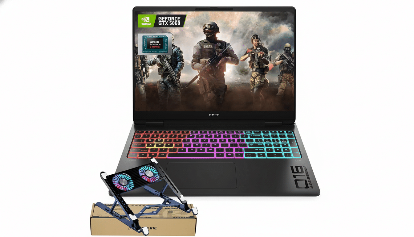 A black gaming laptop with a colorful backlit keyboard and a gaming scene on its screen, featuring NVIDIA GeForce RTX 3 060 graphics . In the foreground, a portable blue laptop cooling stand with two fans rests on a cardboard box. Filename : gaminglaptop coolingstand .png