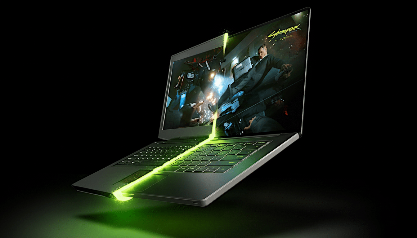 A high -performance gaming laptop displaying the game Cyberpunk 2077  on its screen , with a bright green light trail emanating from the keyboard , set against a dark background .