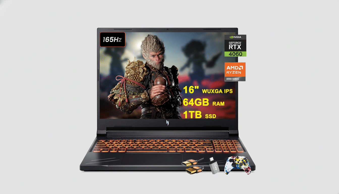 A professional shot of a black gaming laptop featuring a 16 5Hz, 16 WUXGA IPS screen, 64 GB RAM, and 1TB SSD. It is powered by NVIDIA GeForce RTX 4 06