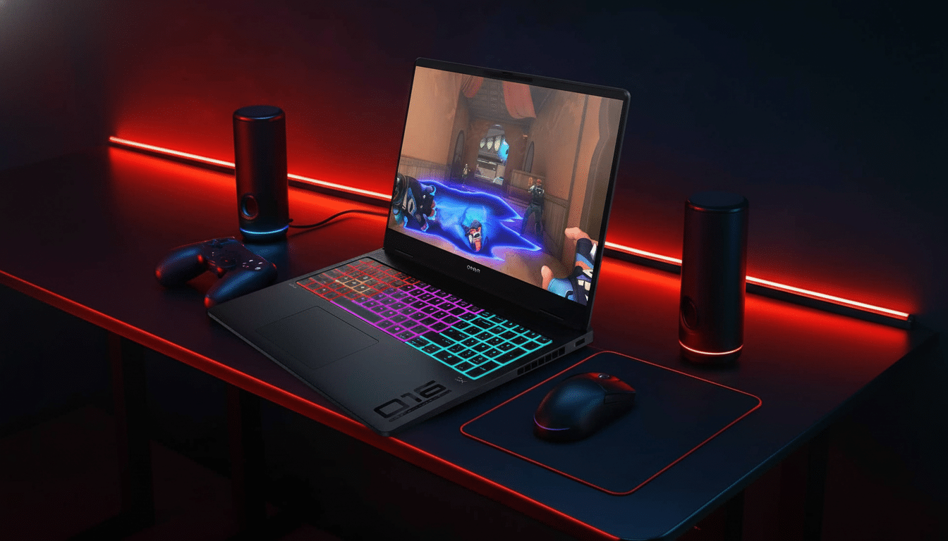A high -performance gaming laptop with an RGB keyboard and glowing red accents on a desk , accompanied by a gaming mouse, controller , and speakers, all set against a dark background with red lighting .