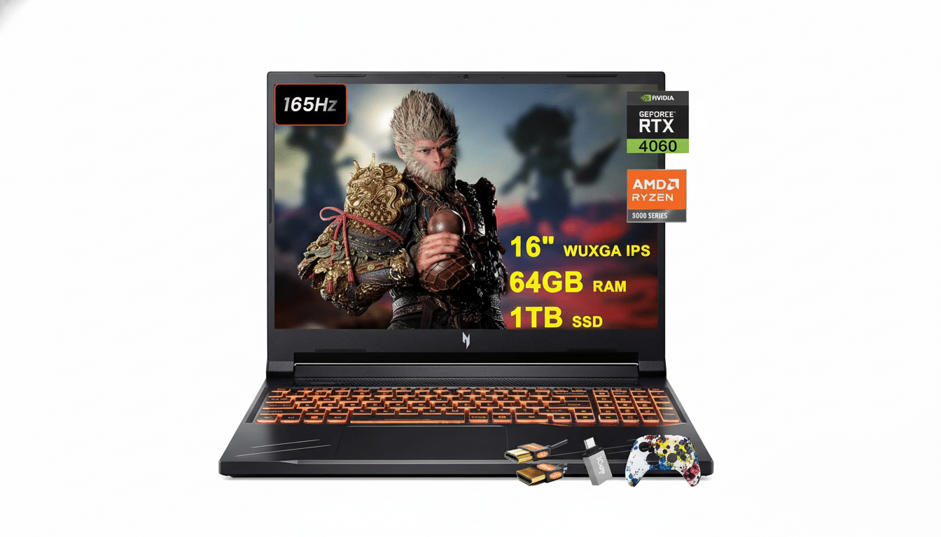 A black gaming laptop with a screen displaying a character from a video game, along with specifications like 1 65Hz, NVIDIA GeForce RTX 40 60, AMD Ryzen, 16 WUXGA IPS , 64 GB RAM, and 1TB SSD . A USB hub and a colorful game controller are in front of the laptop .