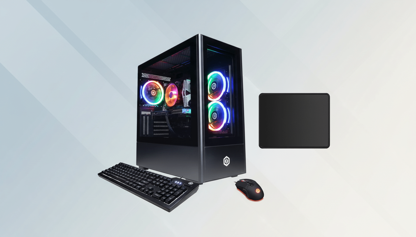 A professional shot of a gaming PC setup with a desktop tower, keyboard, mouse, and mouse pad, all with colorful LED lighting, set against a soft, gra