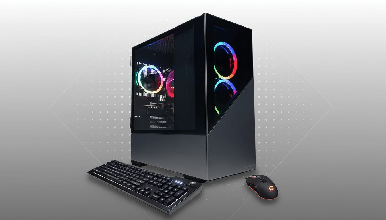 A professional shot of a black gaming PC with RGB fans, a matching black keyboard, and a red and black gaming mouse, set against a subtle gray pattern