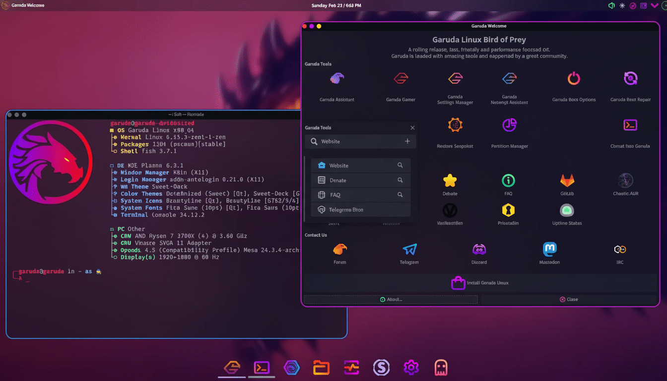 A professional 16:9 aspect ratio image of the Garuda Linux desktop, showcasing the  Garuda Welcome application with various tools and services, and a terminal window displaying system information.