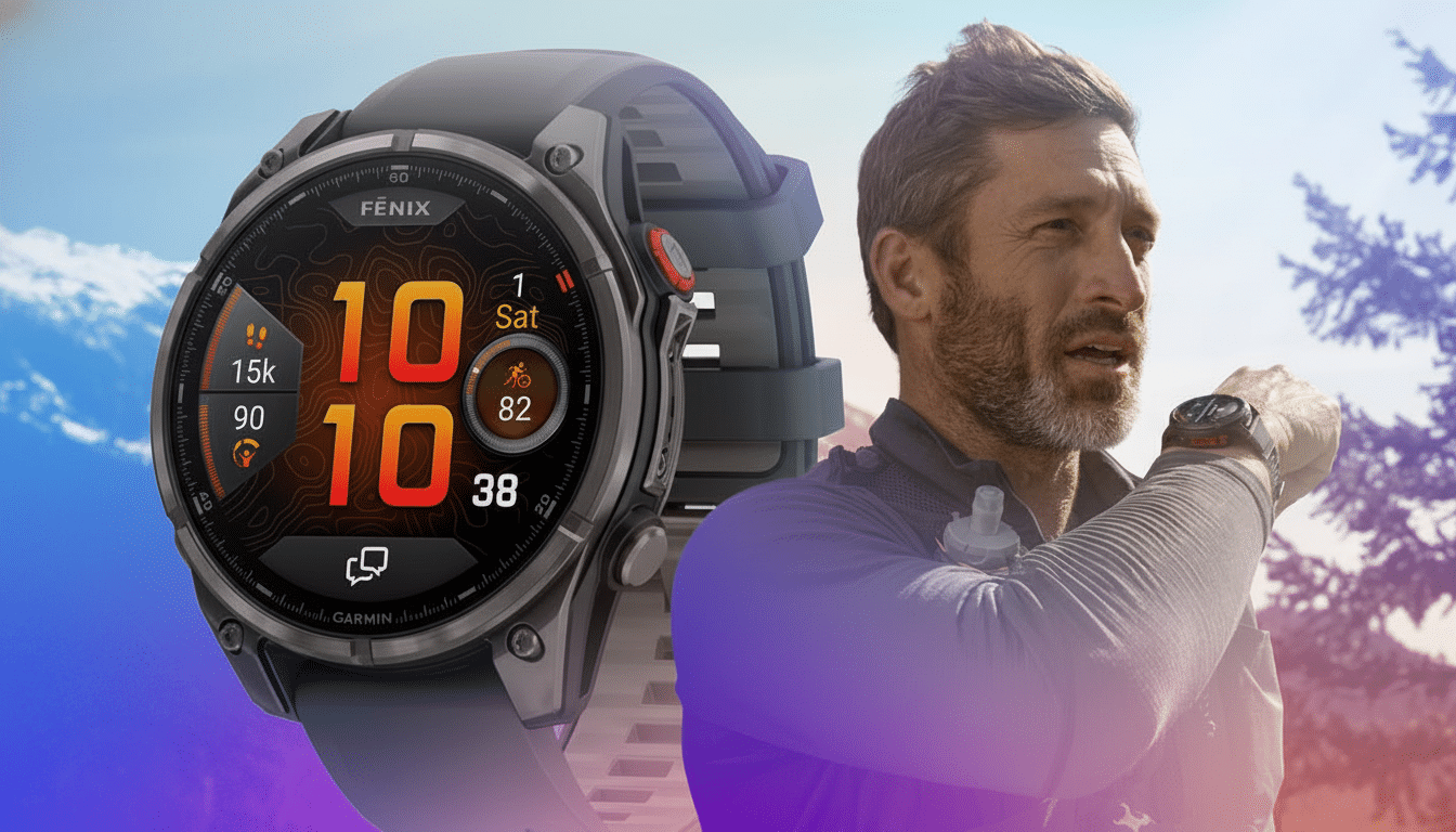A man looking at a Garmin F enix watch , with a larger image of the watch face featuring activity data and a mountain background. Filename : garmin fenixwatch manmount ains.png