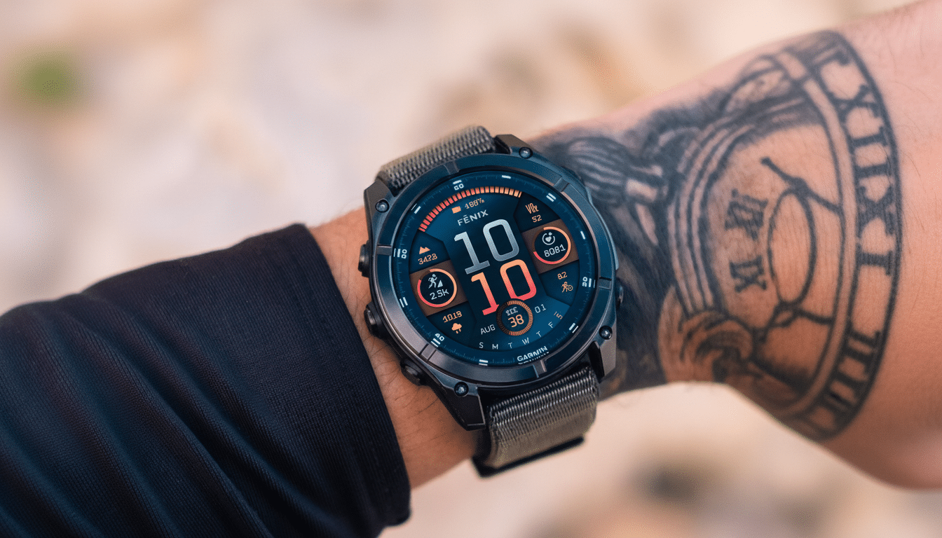 A close -up shot of a Garmin Fenix smartwatch on a person' s tattooed wrist, displaying time , activity metrics, and other data on its colorful interface , with a blurred outdoor background. Filename : garmin fenixsmart watchwrist. png
