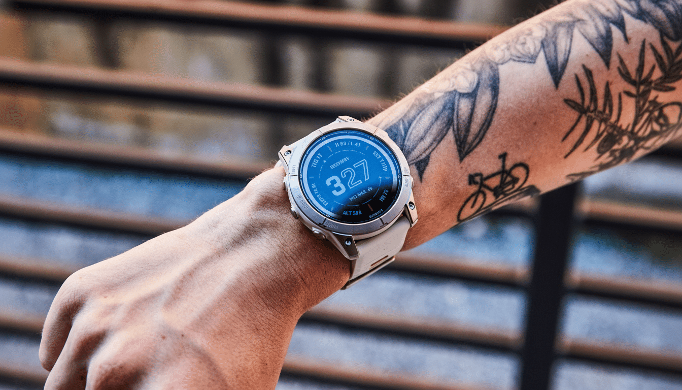 A professional shot of a person' s tattooed arm wearing a silver Garmin smartwatch with a cream band , showing a blue screen displaying recovery metrics .