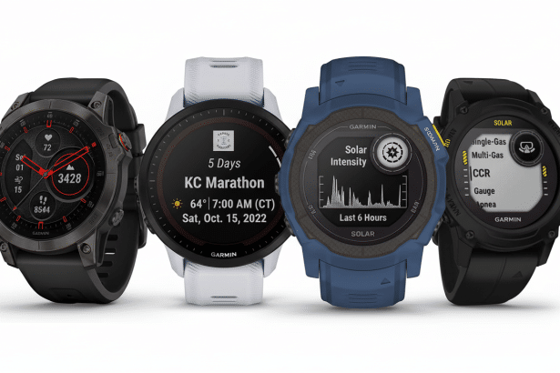 Four Garmin smartwatches displayed side-by- side, each showing different data on their screens.