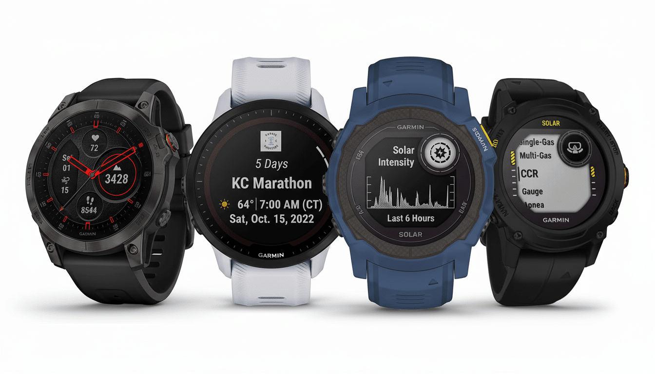 Four Garmin smartwatches displayed side-by- side, each showing different data on their screens.