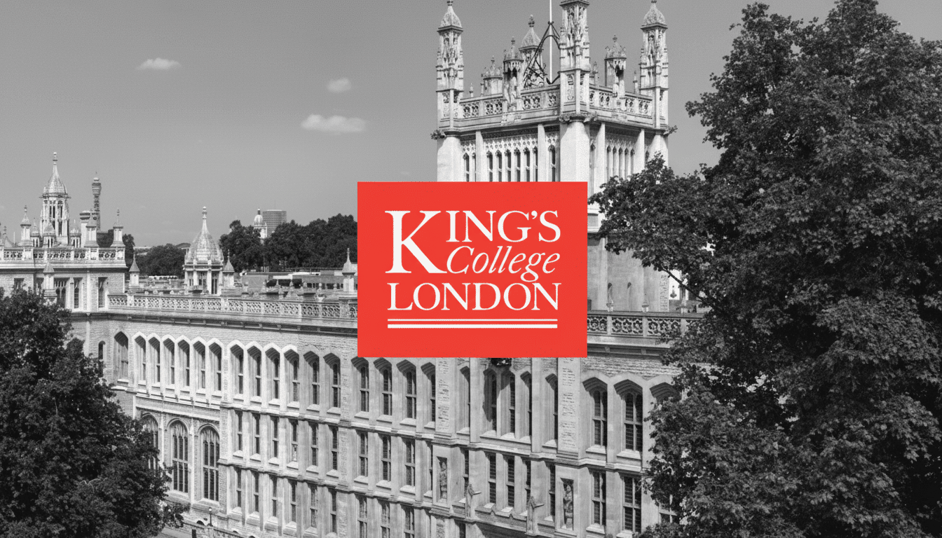 King 's College London logo in red on a monochrome background featuring historic university buildings and trees. Filename : kings collegelondon logobuilding . png